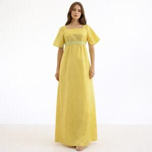 Women's Small 1960s Yellow Chiffon Empire Waist Prom Dress Mint Ribbon Bow Train